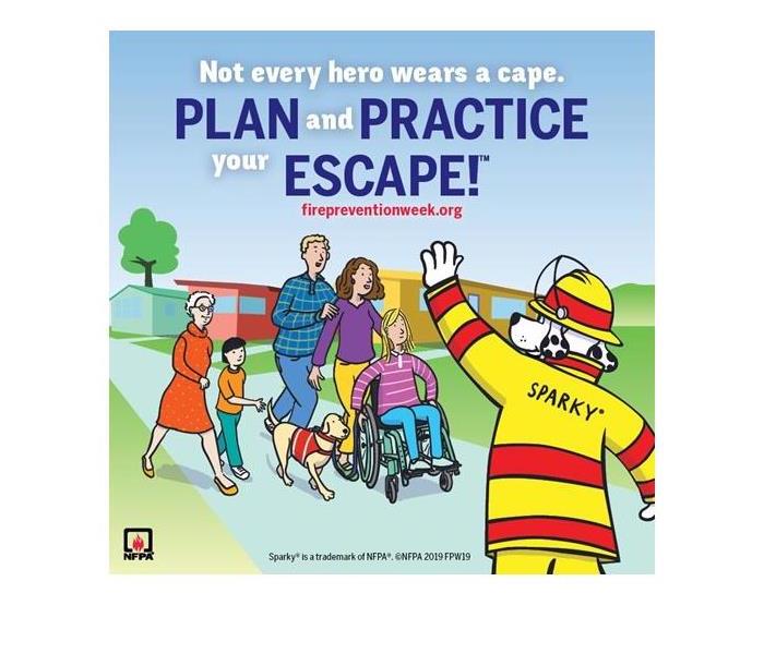 Sparky the Fire Prevention Mascot Helping a Family Know to Plan and Practice and Escape